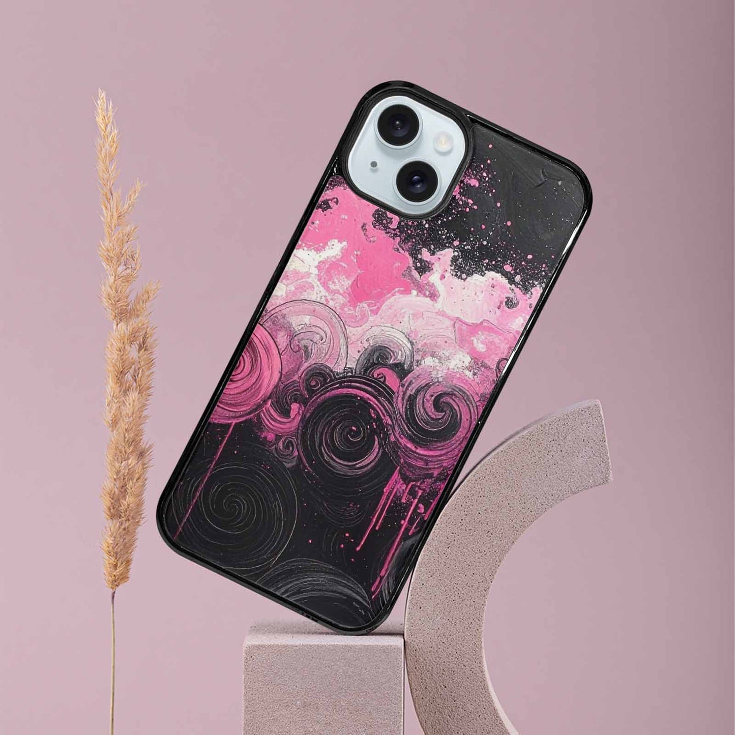 iPhone 15 Plus Case — Van Gogh Swirl Black Pink Ink, Personalized Phone Case