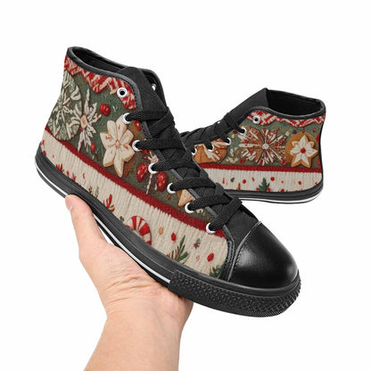 WOMEN'S Christmas Holly Snowflake High Top Canvas Vibrant Chaos Shoes