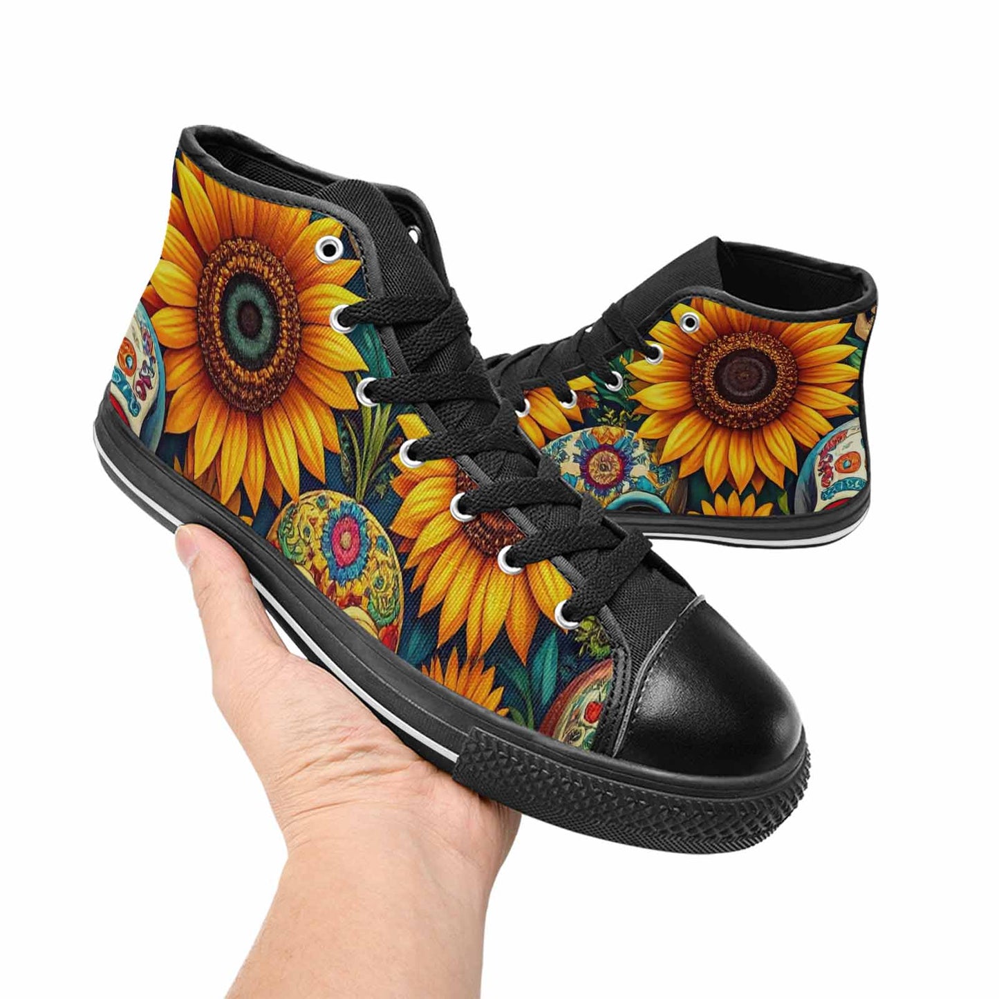 MEN'S Sunflower Skulls Print High Top Canvas Vibrant Chaos Shoes