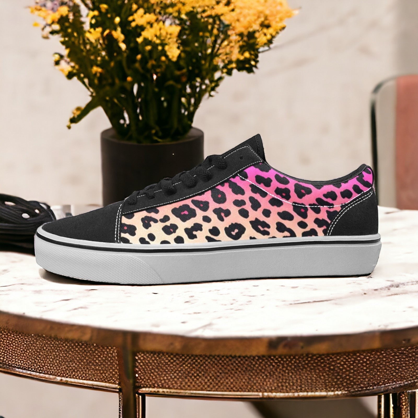 Men's Gradient Leopard custom low-top canvas shoes — wearable art by Freaky Shoes