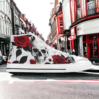 Women's Skulls Roses Deluxe custom high-top canvas shoes — wearable art by Freaky Shoes