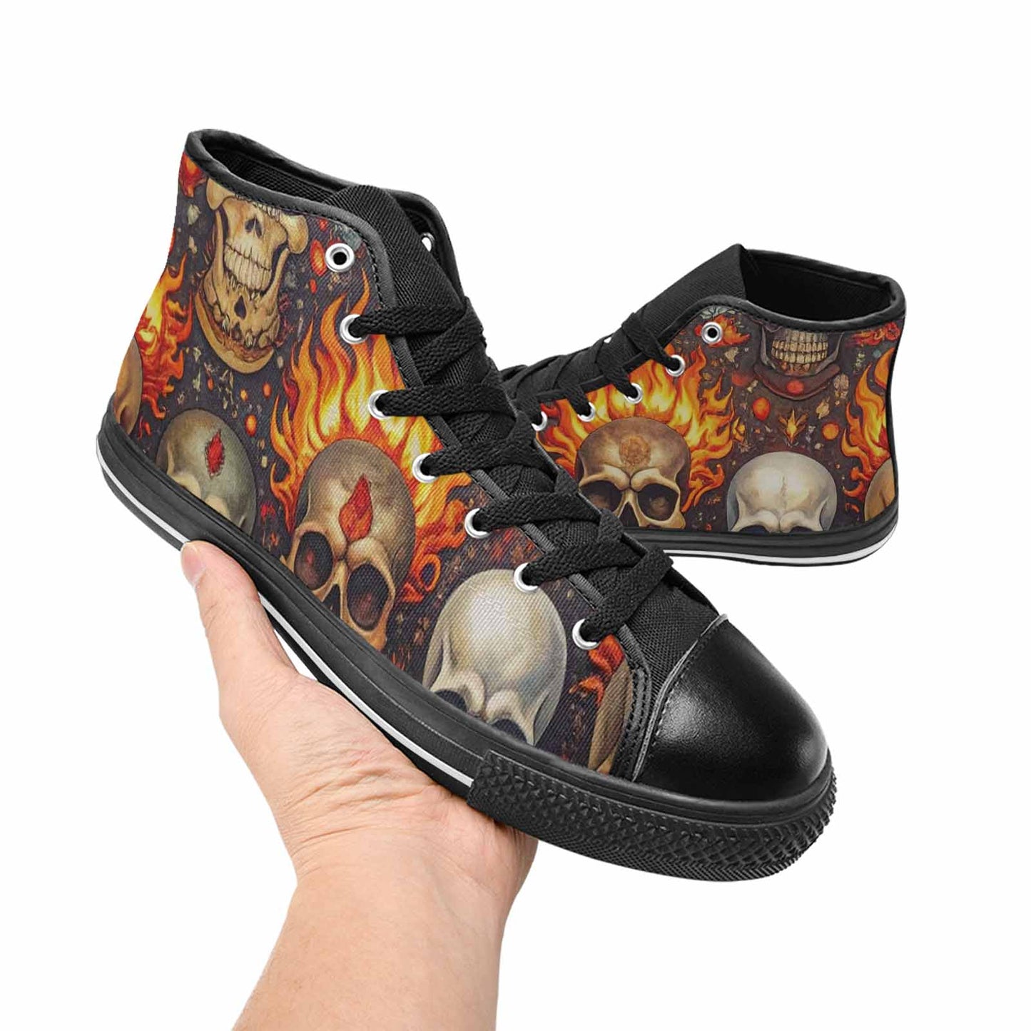 WOMEN'S Skulls - Flaming High Top Canvas Grunge Custom Sneakers