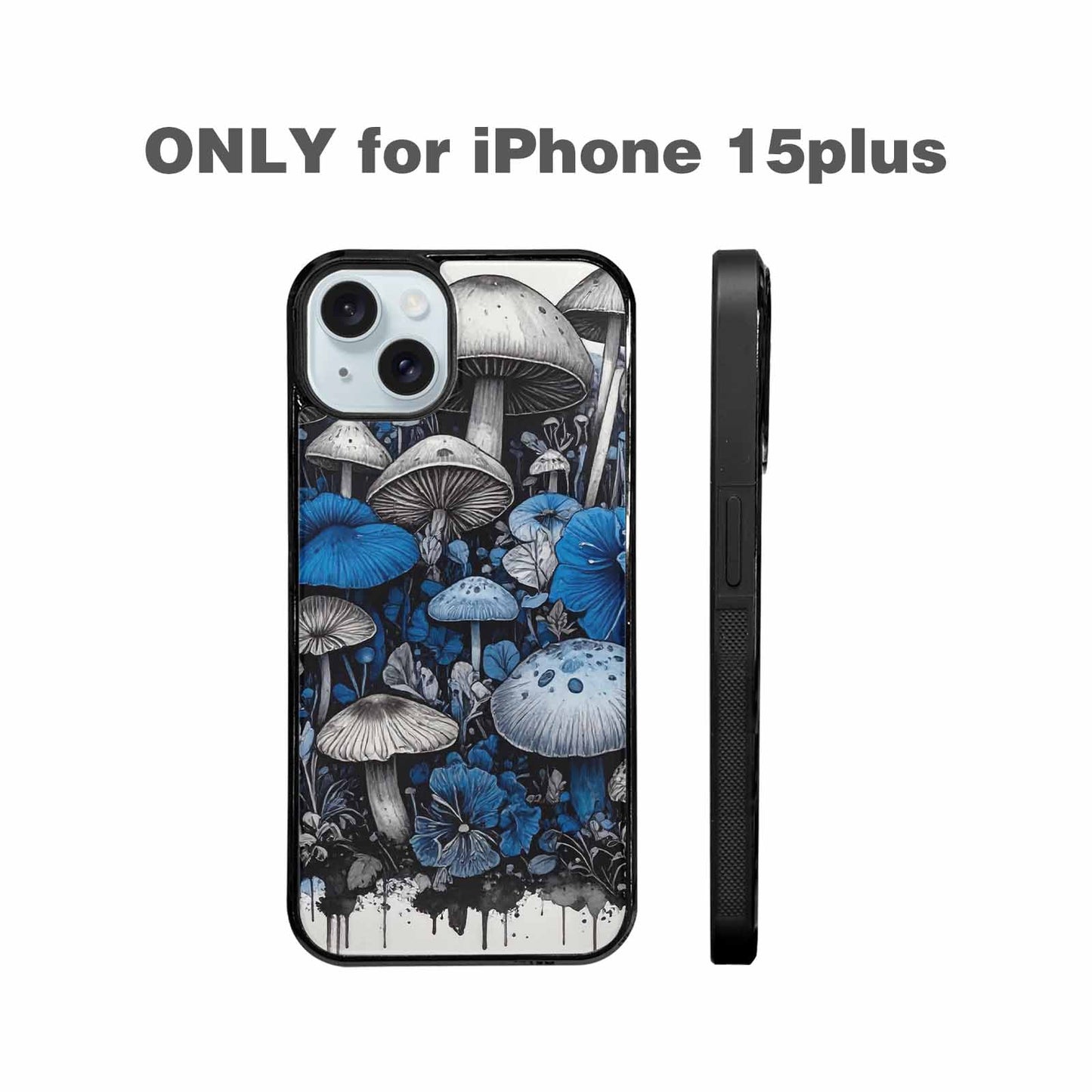 iPhone 15 Plus Case — Mushrooms General Black Blue Ink Mushrooms, Custom Designed Case Cover