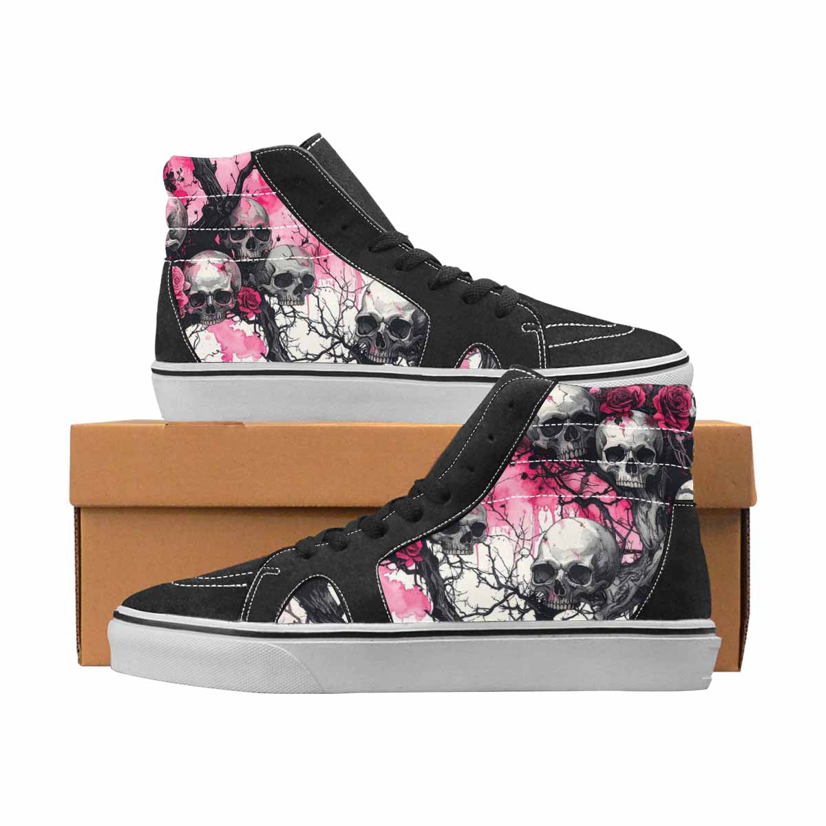 WOMEN'S Skulls Black & Pink Ink High Top Canvas Custom Design Cottagecore Shoes
