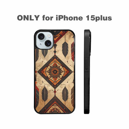 iPhone 15 Plus Case — Native American Geometric Pattern Arrows Feathers, Custom Printed Phone Case