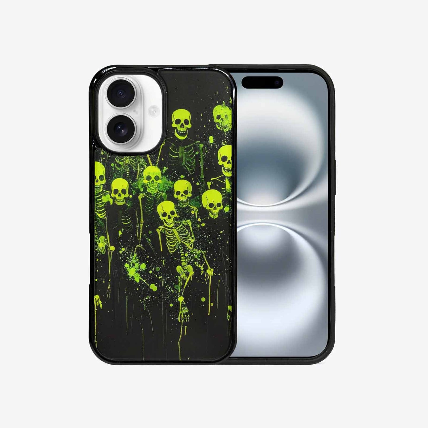 iPhone 16 Case — Skeletons Neon Green Glow Skeletons Pattern, Custom Made Phone Cover