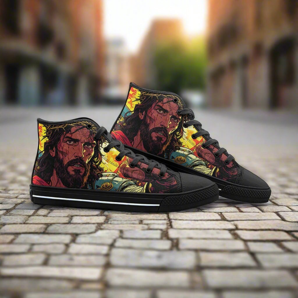 Jesus Unisex hand-made high-top canvas shoes — unique wearable art by Freaky Shoes
