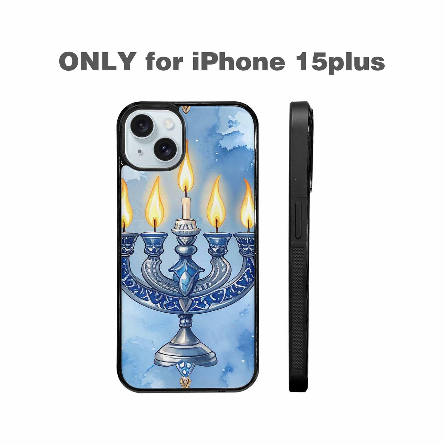 iPhone 15 Plus Case — Hanukkah Menorah Pattern Seamless Repeat Jewish, Custom Made Phone Cover