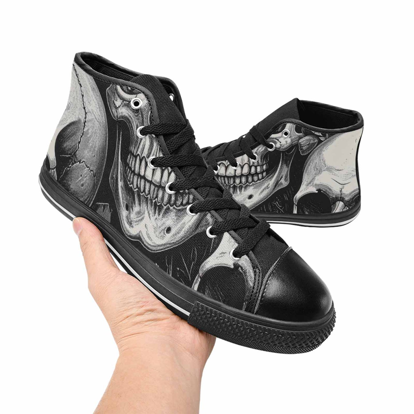 MEN'S Skulls Roses Black Ink High Top Canvas Vibrant Chaos Custom Sneakers