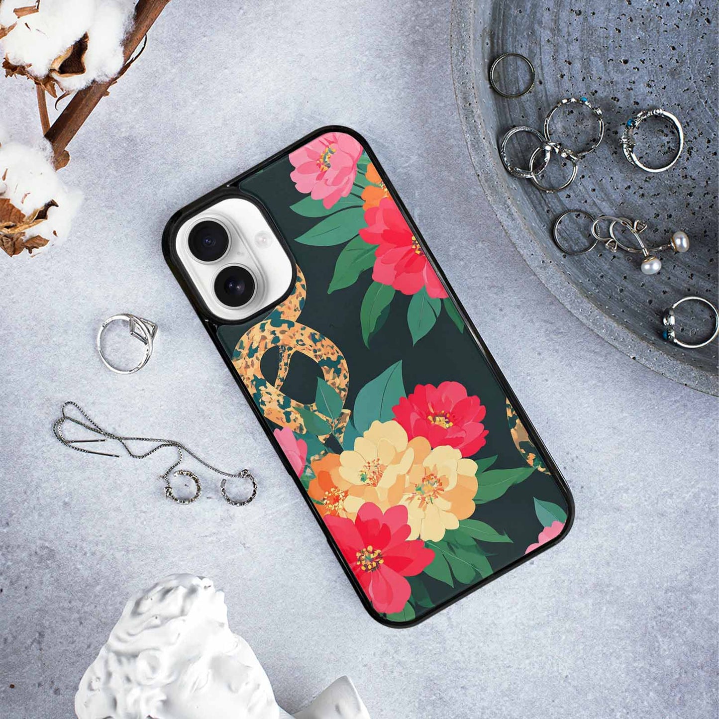 iPhone 16 Plus Case — Floral Snake Print, Customized Protective Case