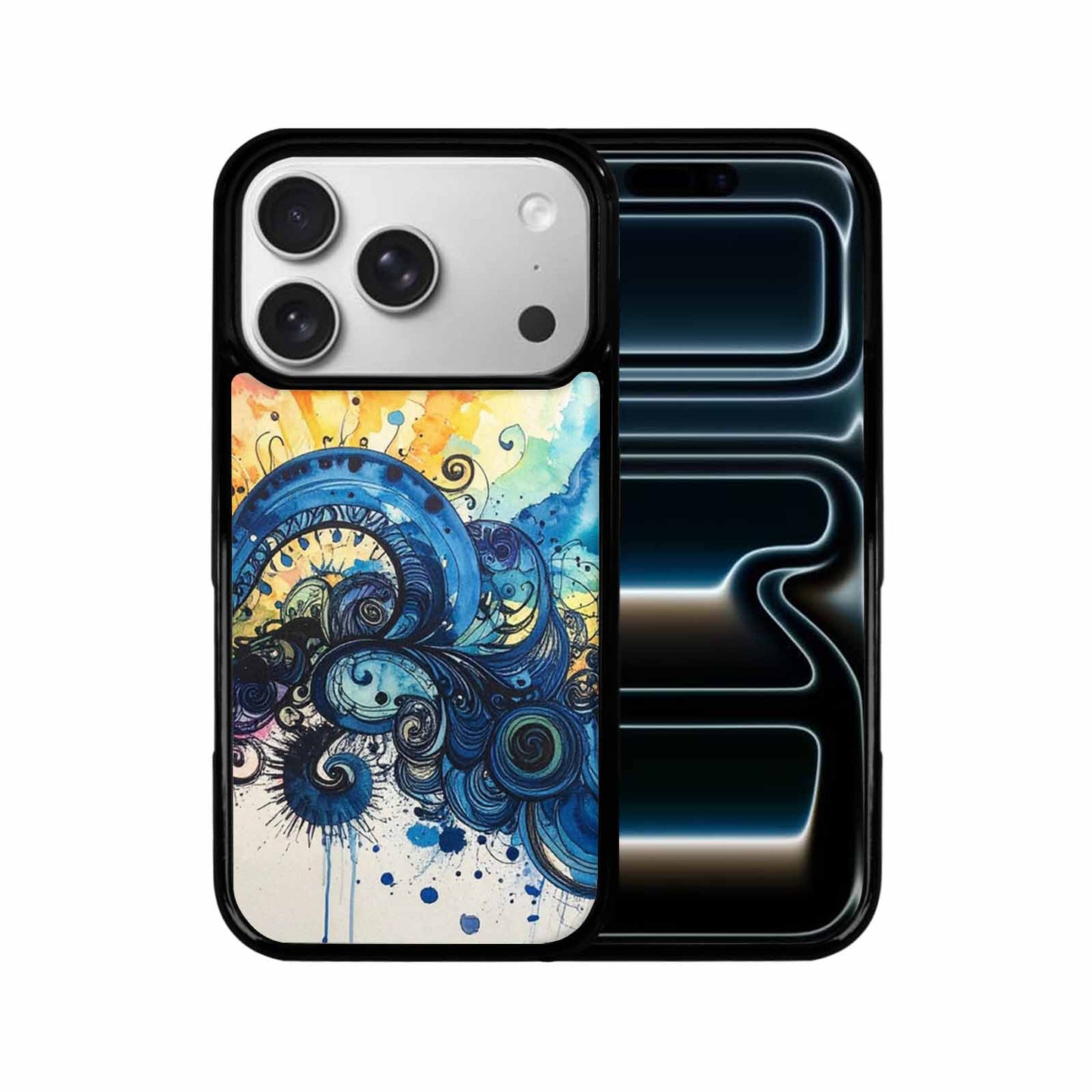 iPhone 17 Pro Case — Tie Dye Swirls Black Blue Tie, Custom Phone Case