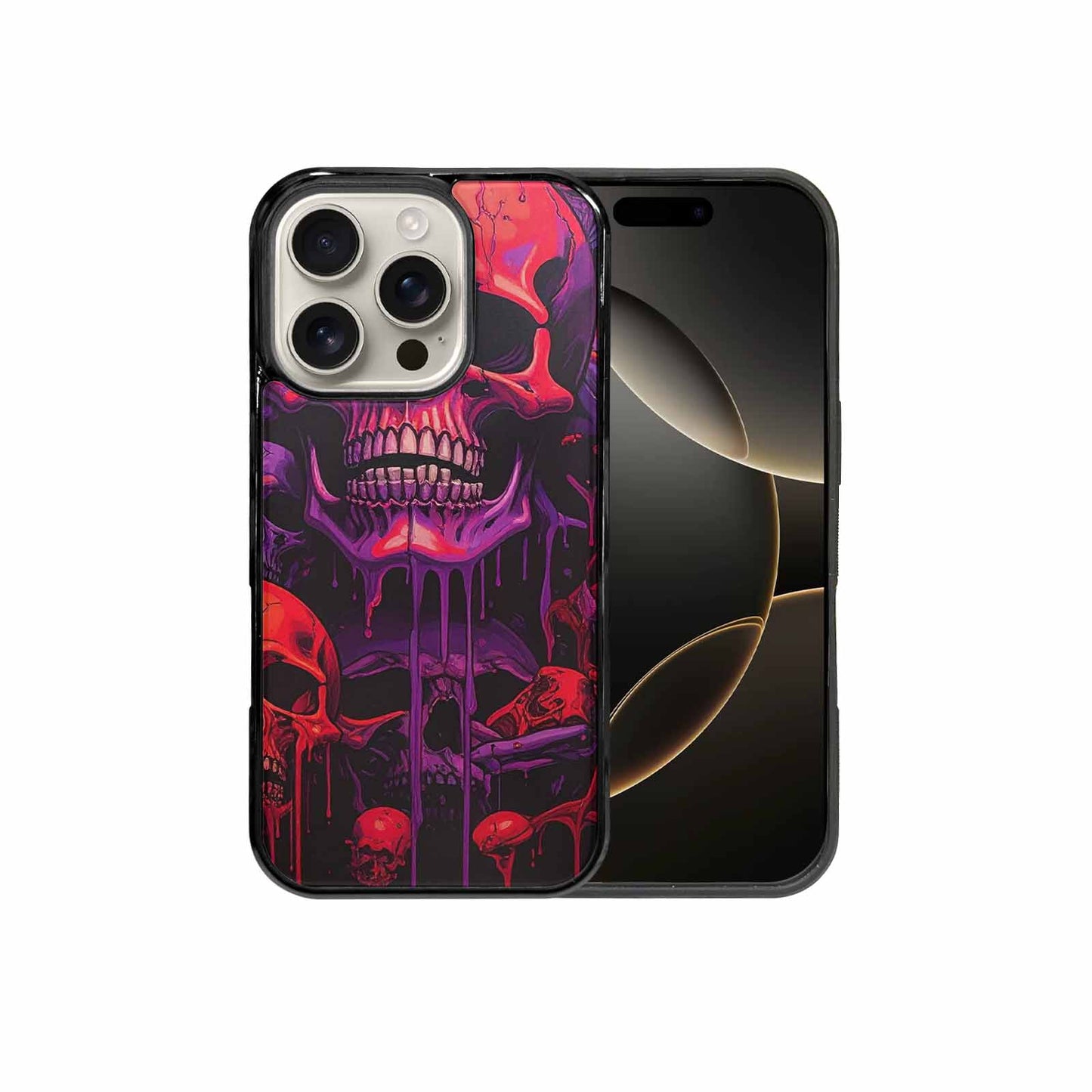 iPhone 16 Pro Case — Red Purple Skeletons Neon Drip Melting, Custom Printed Phone Case