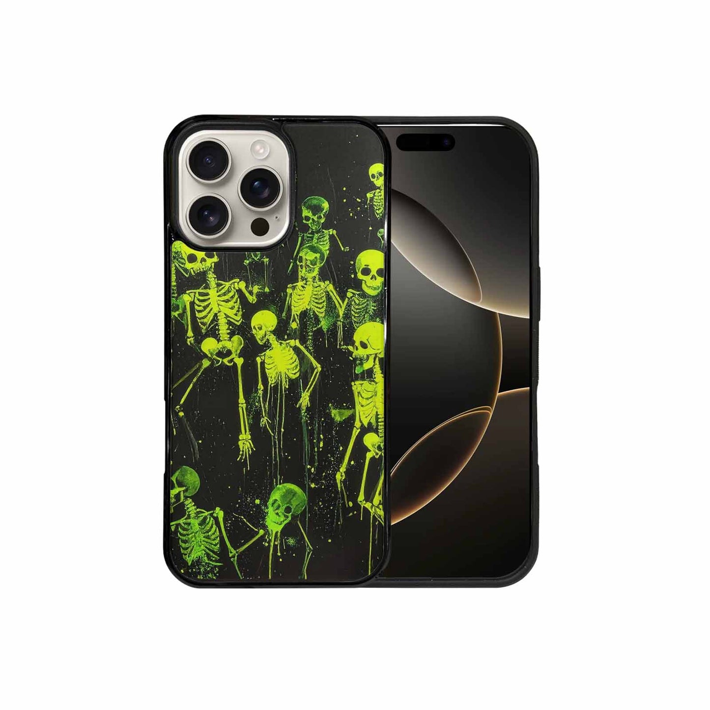 iPhone 16 Pro Max Case — Skeletons Neon Green Glow Skeletons Pattern, Custom Designed Case Cover