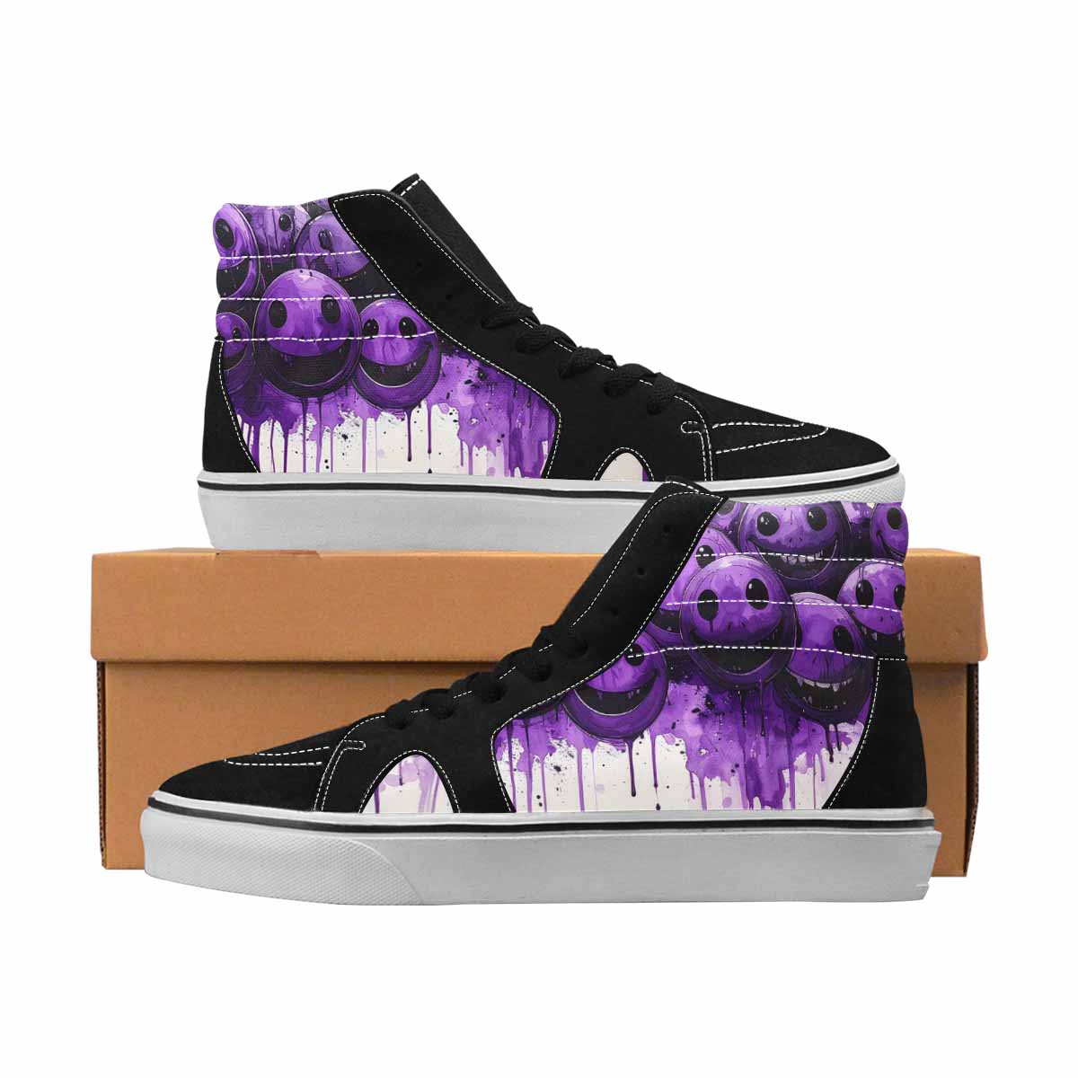 MEN'S Smiley Face Black & Purple Ink High Top Canvas Wearable Art Neon Fantasy All Over Print Shoes