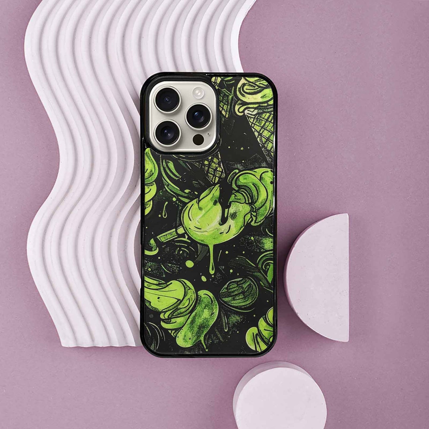 iPhone 16 Pro Max Case — Ice Cream Motif Black Green Ink, Custom Printed Phone Case