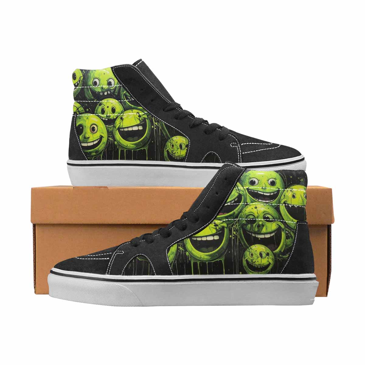 WOMEN'S Smiley Face Black & Green Ink High Top Canvas Streetwear Cottagecore Limited Edition Sneakers