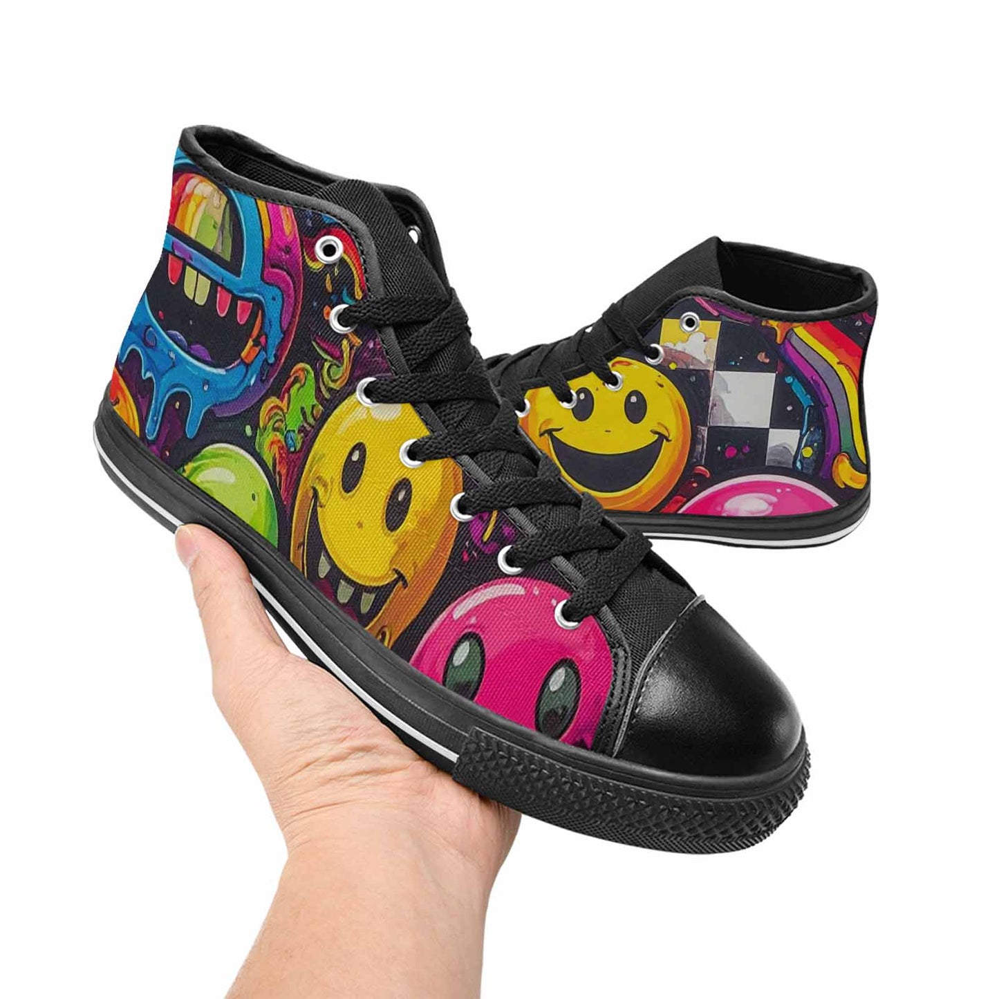 MEN'S Yellow Smiley Face High Top Canvas Neon Fantasy Custom Sneakers