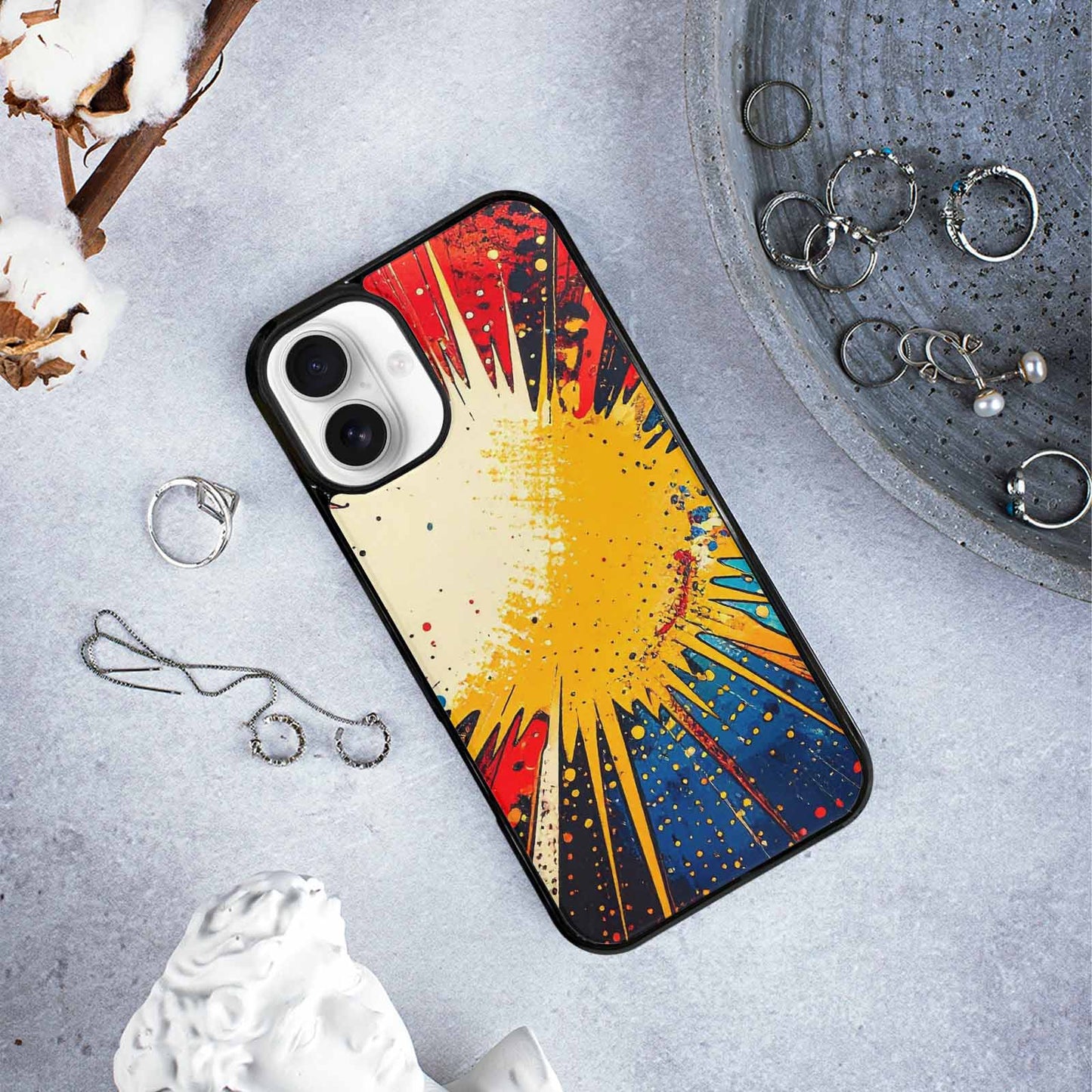 iPhone 16 Plus Case — Comic Halftone Comic Bursts Pattern Hundreds, Custom Made Phone Cover