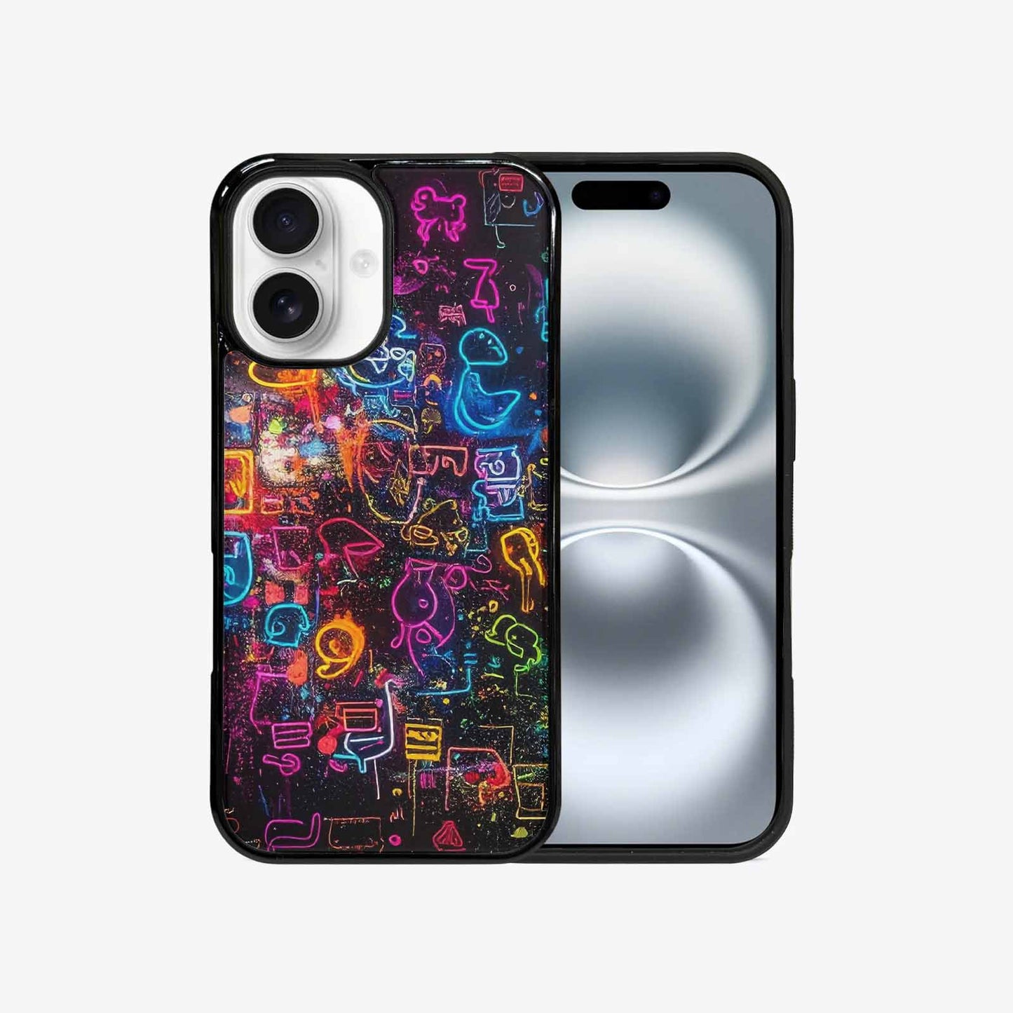 iPhone 16 Case — Neon Glow Outline Icon Pattern Hundreds, Custom Art Phone Cover