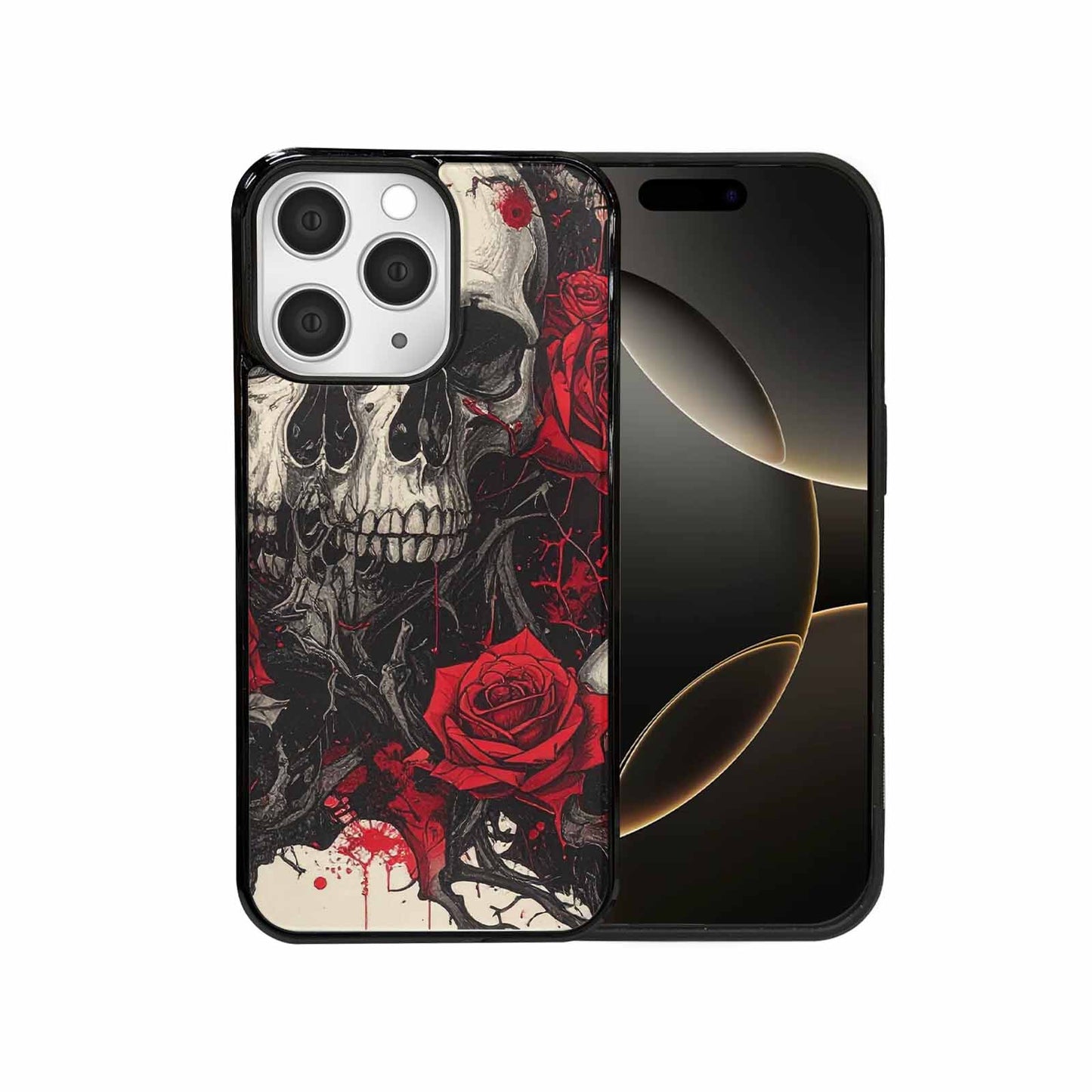 iPhone 15 Pro Max Case — Skull And Roses Black Red Ink, Personalized Phone Case
