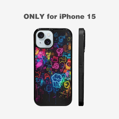 iPhone 15 Case — Neon Glow Outline Icon Pattern Hundreds, Customized Protective Case