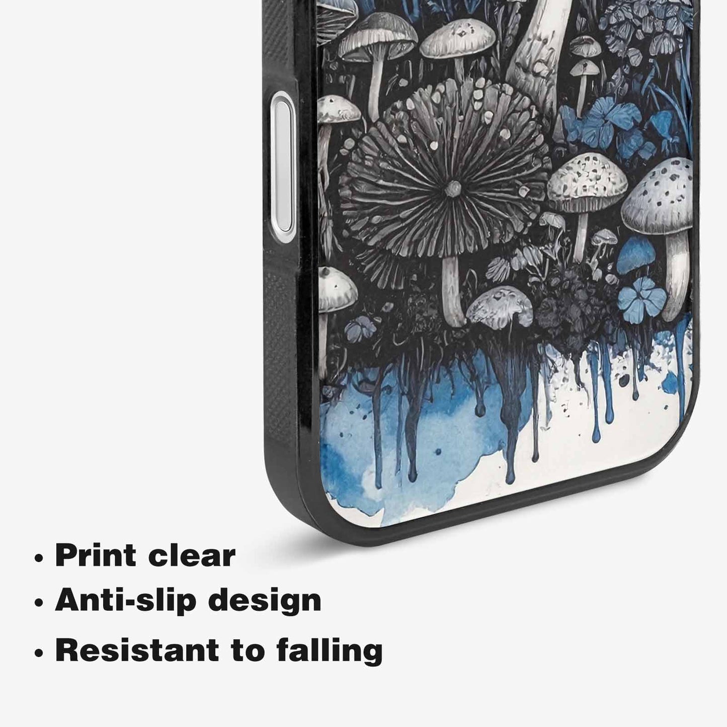 iPhone 16 Plus Case — Mushrooms General Black Blue Ink Mushrooms, Customized Protective Case