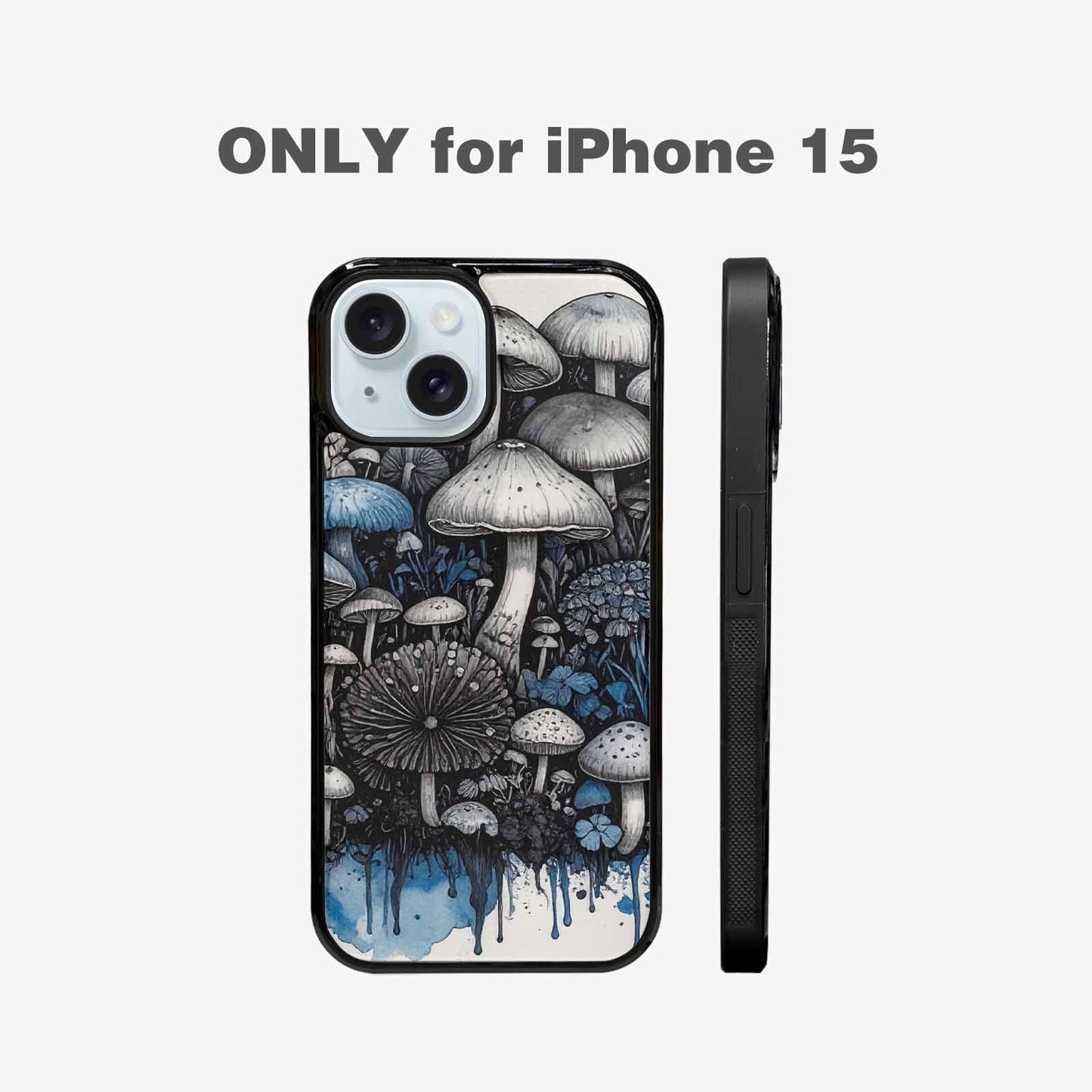 iPhone 15 Case — Mushrooms General Black Blue Ink Mushrooms, Custom Phone Case