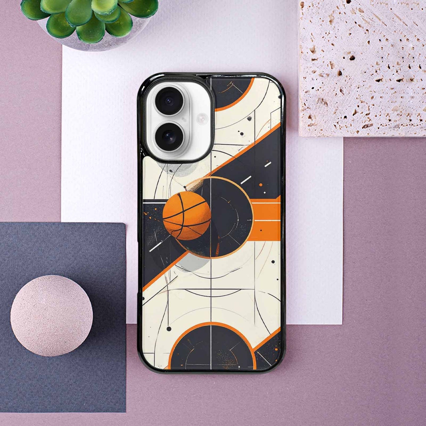 iPhone 16 Case — Basketball Pattern Court Lines And Balls, Custom Designed Case Cover