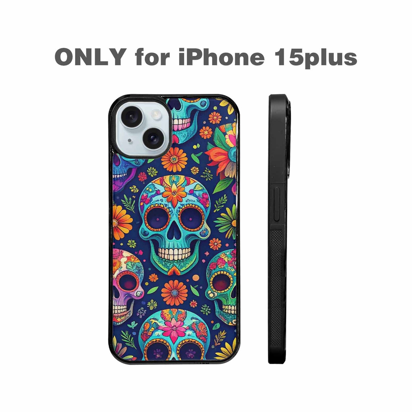 iPhone 15 Plus Case — Rainbow Sugar Skull Weave, Custom Printed Phone Case