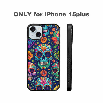 iPhone 15 Plus Case — Rainbow Sugar Skull Weave, Custom Printed Phone Case