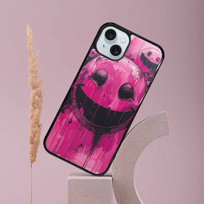 iPhone 15 Plus Case — Melting Moon Smiley Black Pink Ink, Custom Phone Case
