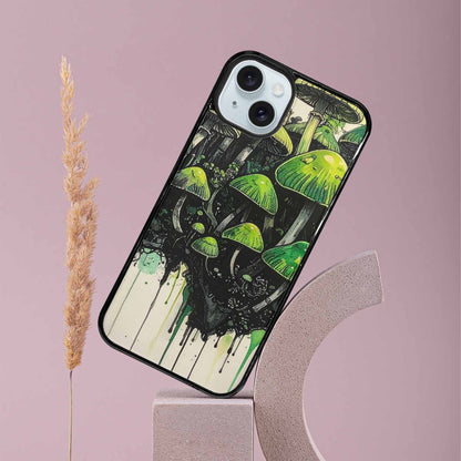iPhone 15 Plus Case — Rainbow Drip Mushrooms Black Green Ink, Unique Phone Case Design