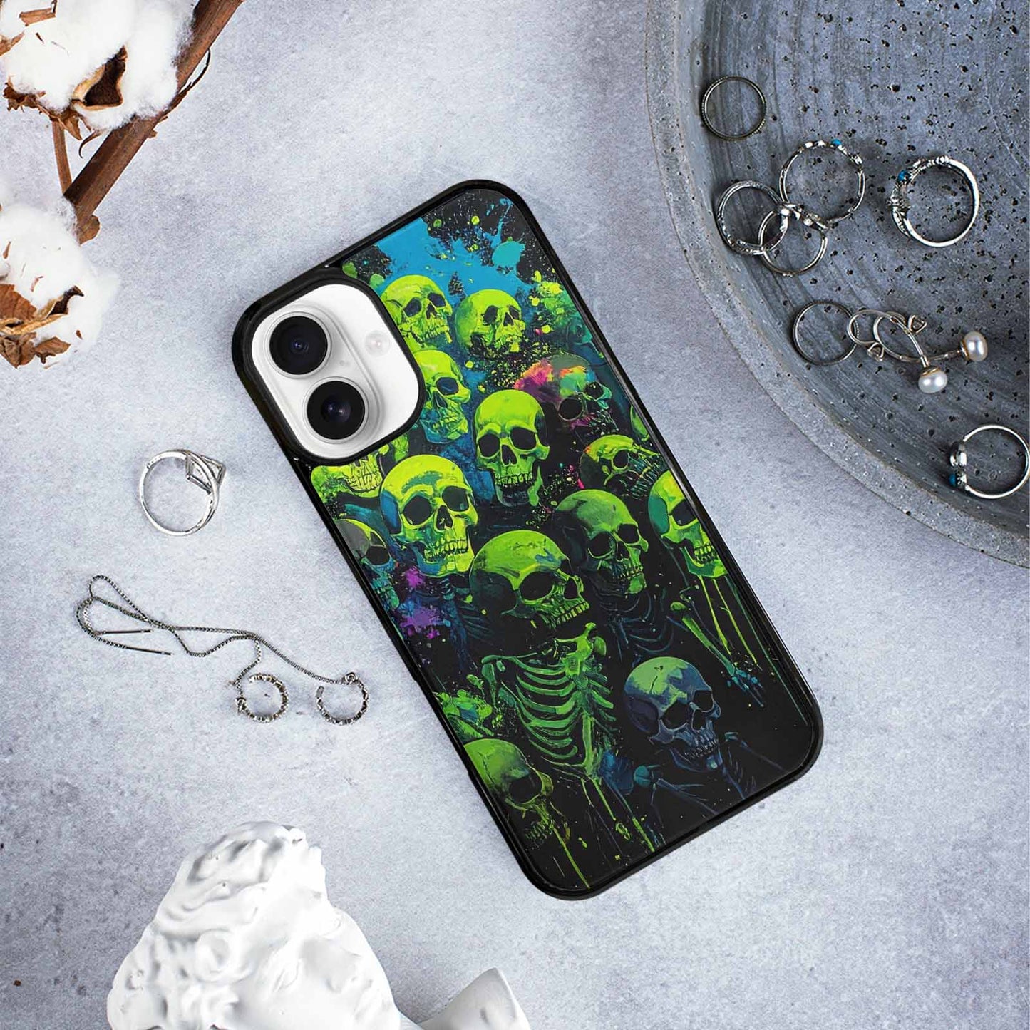 iPhone 16 Plus Case — Skeletons Neon Green Glow Skeletons Pattern, Unique Phone Case Design