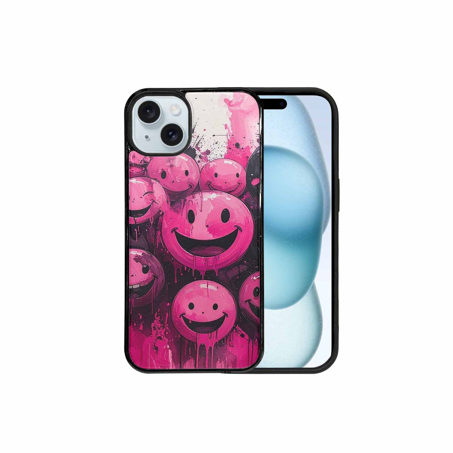 iPhone 15 Plus Case — Melting Moon Smiley Black Pink Ink, Customized Protective Case