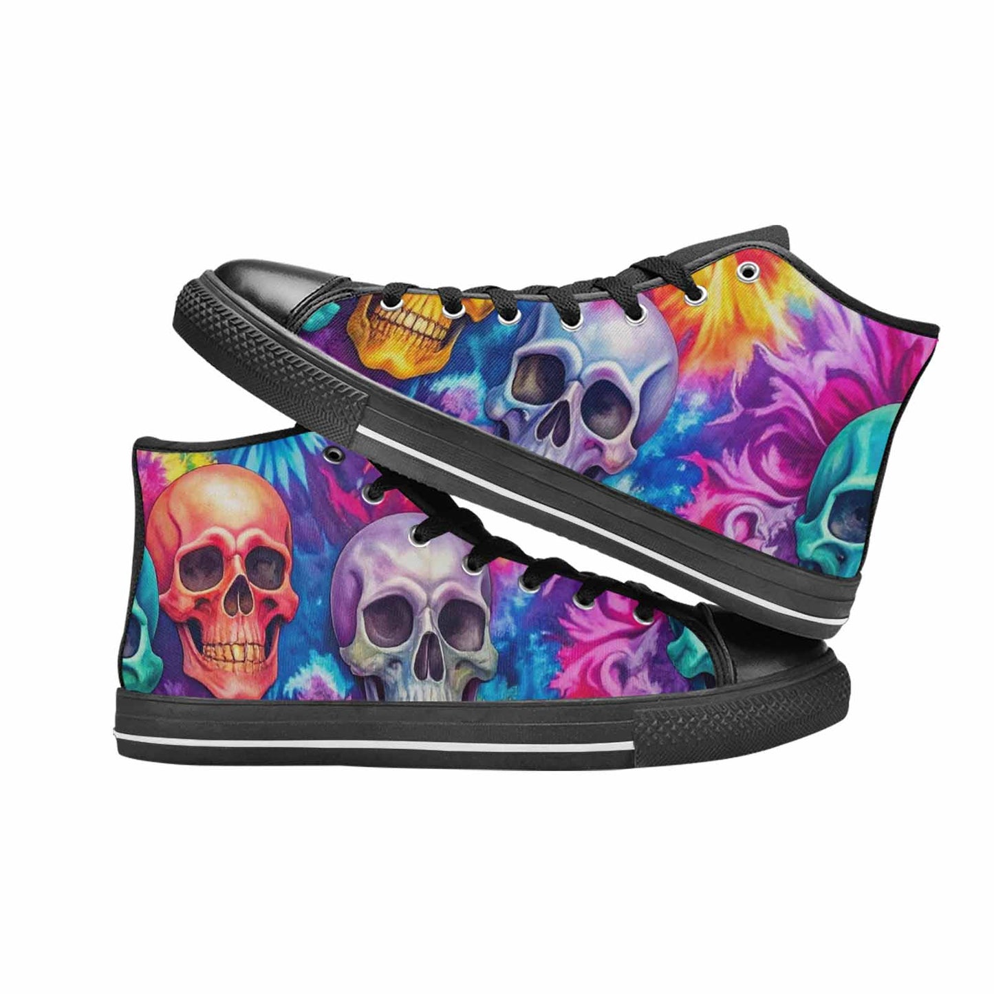 WOMEN'S Tie Dye Skulls Print High Top Canvas Vibrant Chaos Sneakers