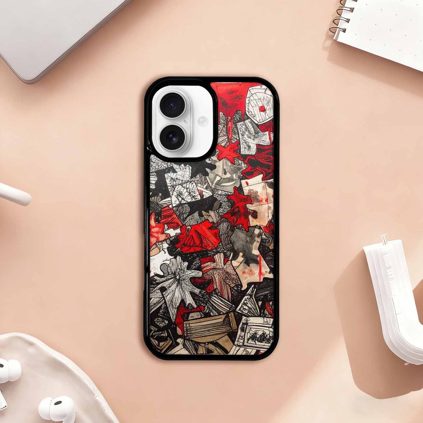 iPhone 17 Case — Black &amp; Red Ink Camo, Custom Printed Phone Case