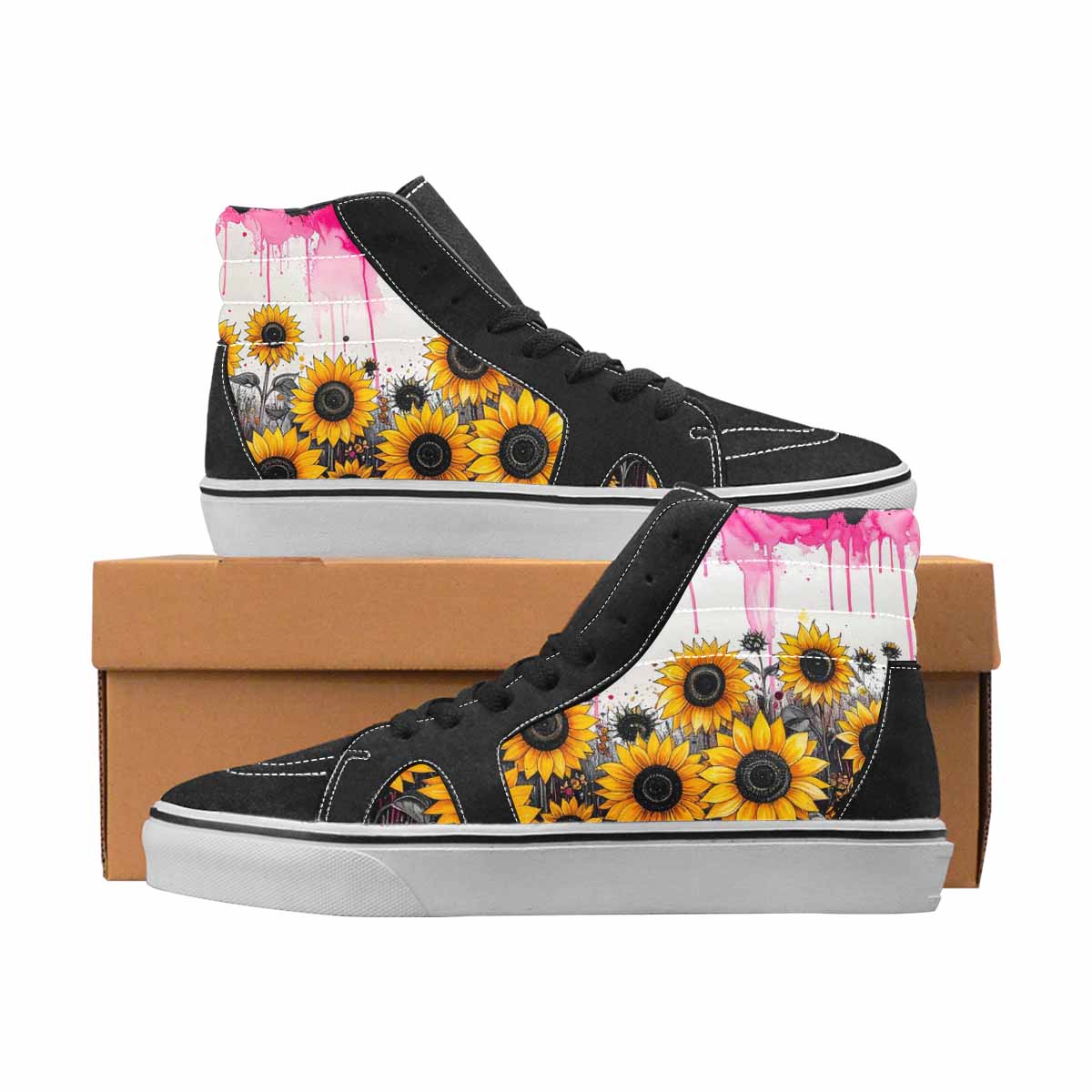 WOMEN'S Sunflowers Black & Pink Ink High Top Canvas Unique Print Wallpaper Art Custom Canvas Shoes