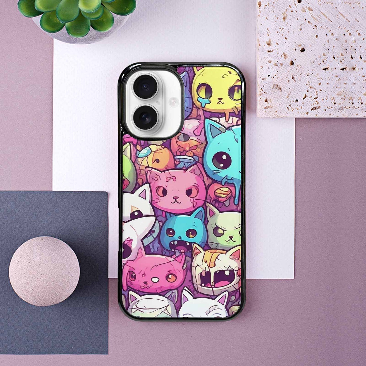 iPhone 16 Case — Pastel Gore Cat Character Pattern Hundreds, Personalized Phone Case
