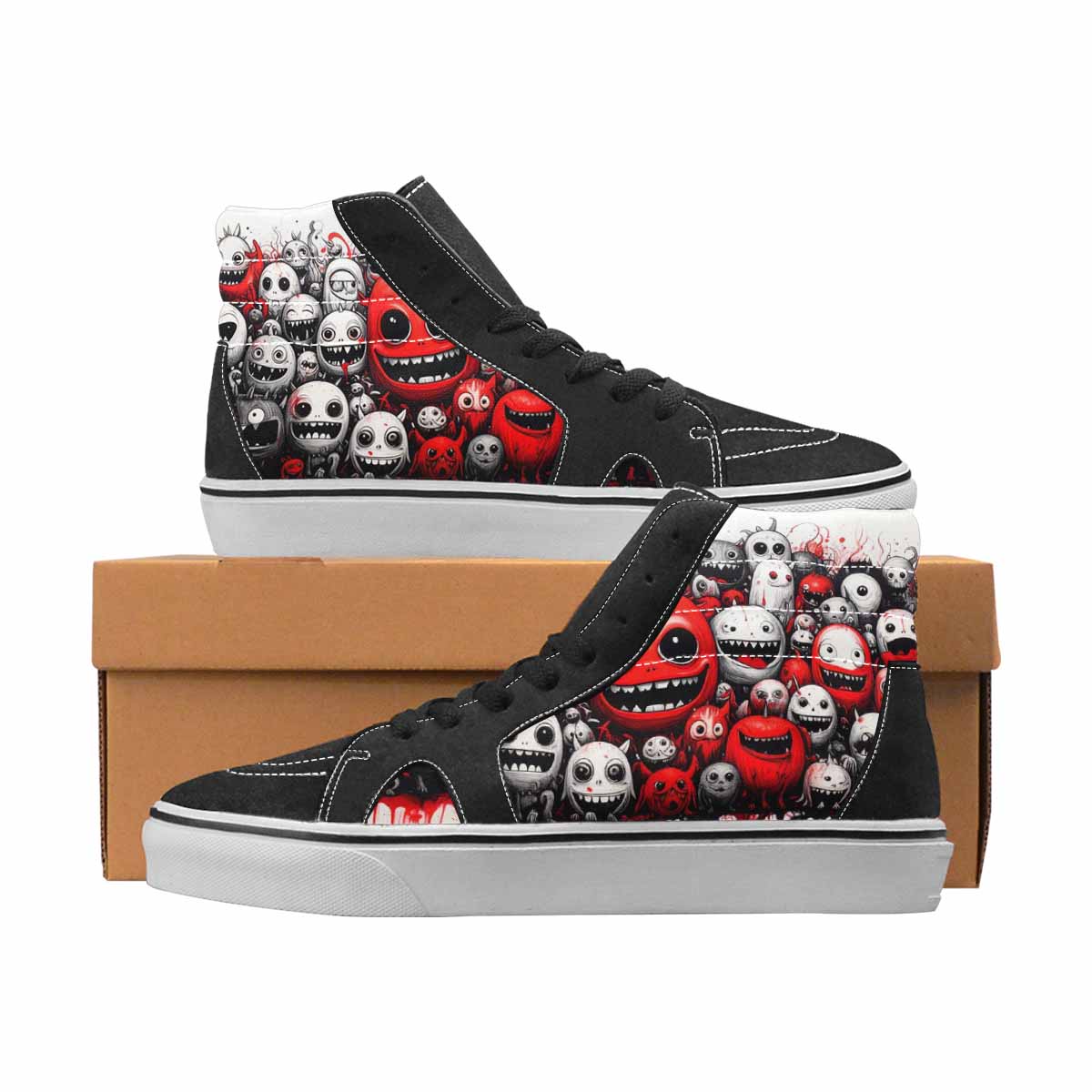 WOMEN'S Monsters Black & Red Ink High Top Canvas Streetwear Grunge Sneakers