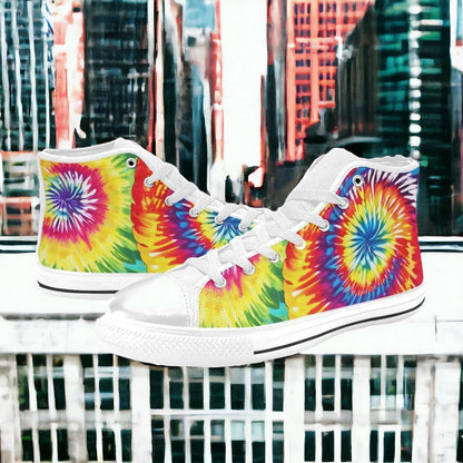 Men's Tie Dye Love hand-made high-top canvas shoes — unique wearable art by Freaky Shoes