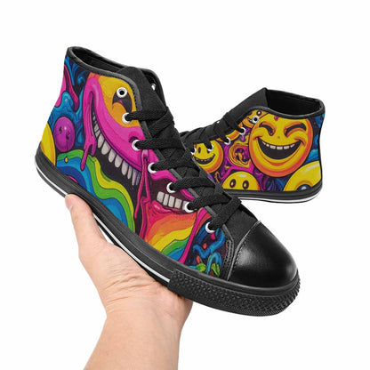 MEN'S Yellow Smiley Face High Top Canvas Grunge Custom Sneakers