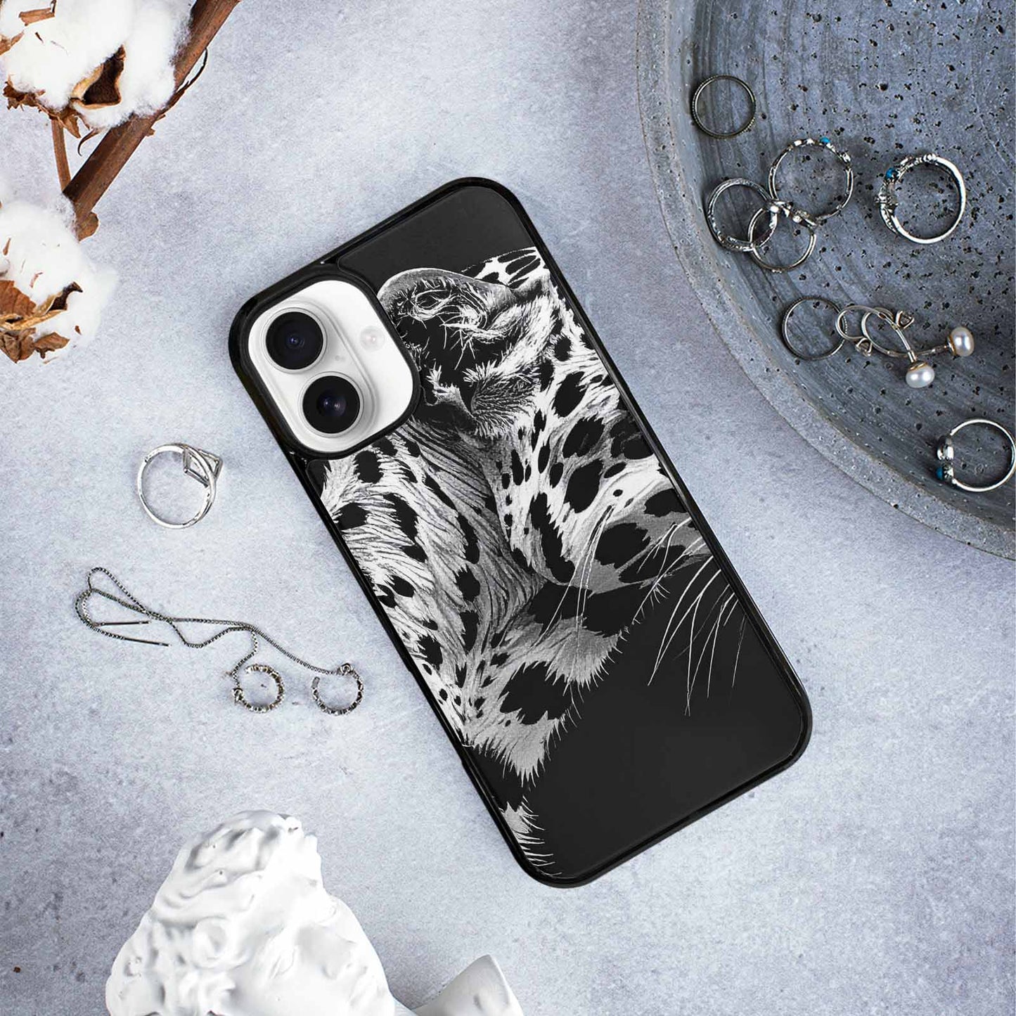 iPhone 16 Plus Case — Leopard Print Black And White Style, Customized Protective Case