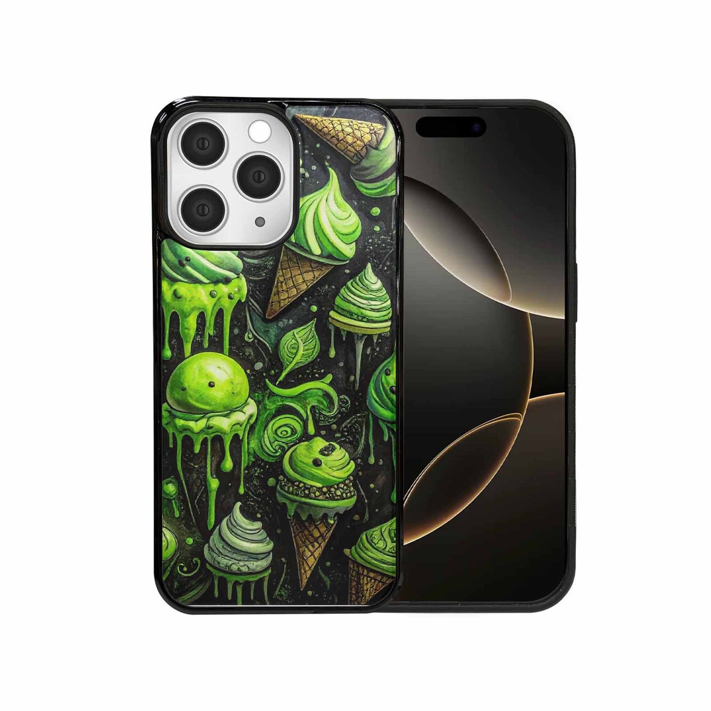 iPhone 15 Pro Max Case — Ice Cream Motif Black Green Ink, Unique Phone Case Design