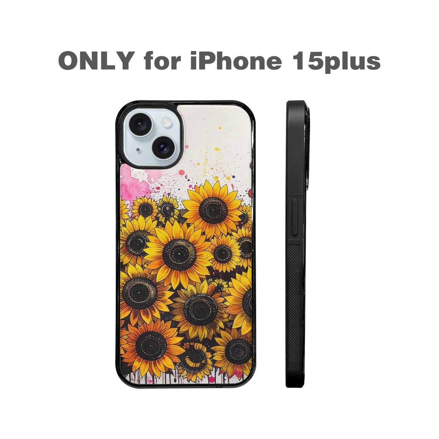 iPhone 15 Plus Case — Sunflower Burst Black Pink Ink Sunflowers, Personalized Phone Case