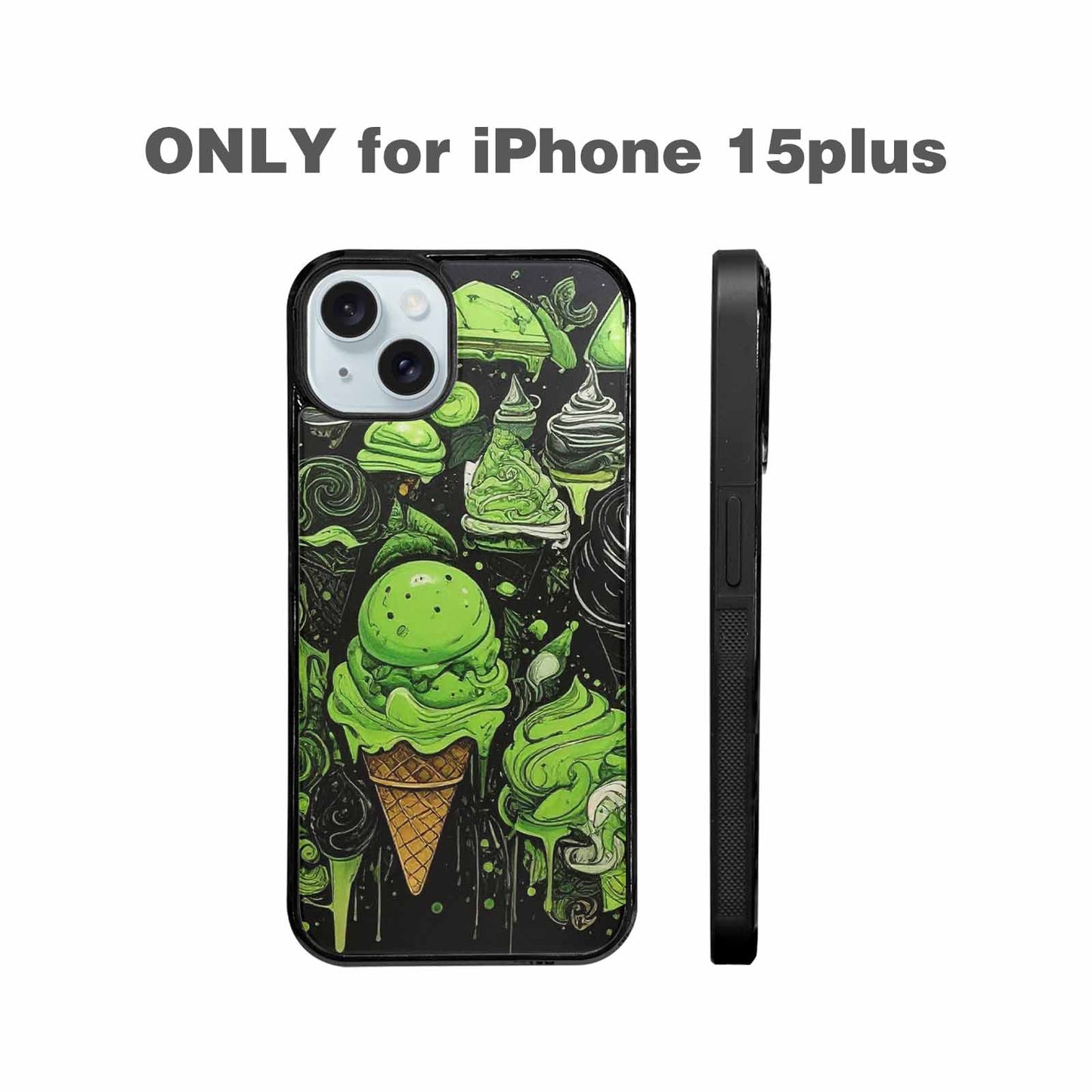 iPhone 15 Plus Case — Ice Cream Motif Black Green Ink, Original Design Phone Case