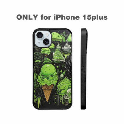 iPhone 15 Plus Case — Ice Cream Motif Black Green Ink, Original Design Phone Case