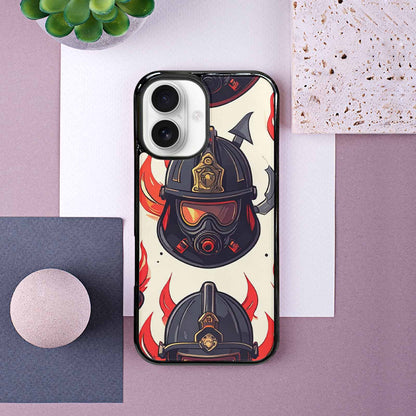 iPhone 16 Case — Firefighter Pattern Flames Axes Helmets Seamless, Customized Protective Case