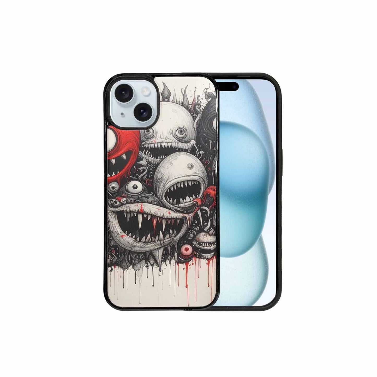 iPhone 15 Plus Case — Multi Eye Monster Black Red Ink, Custom Phone Case