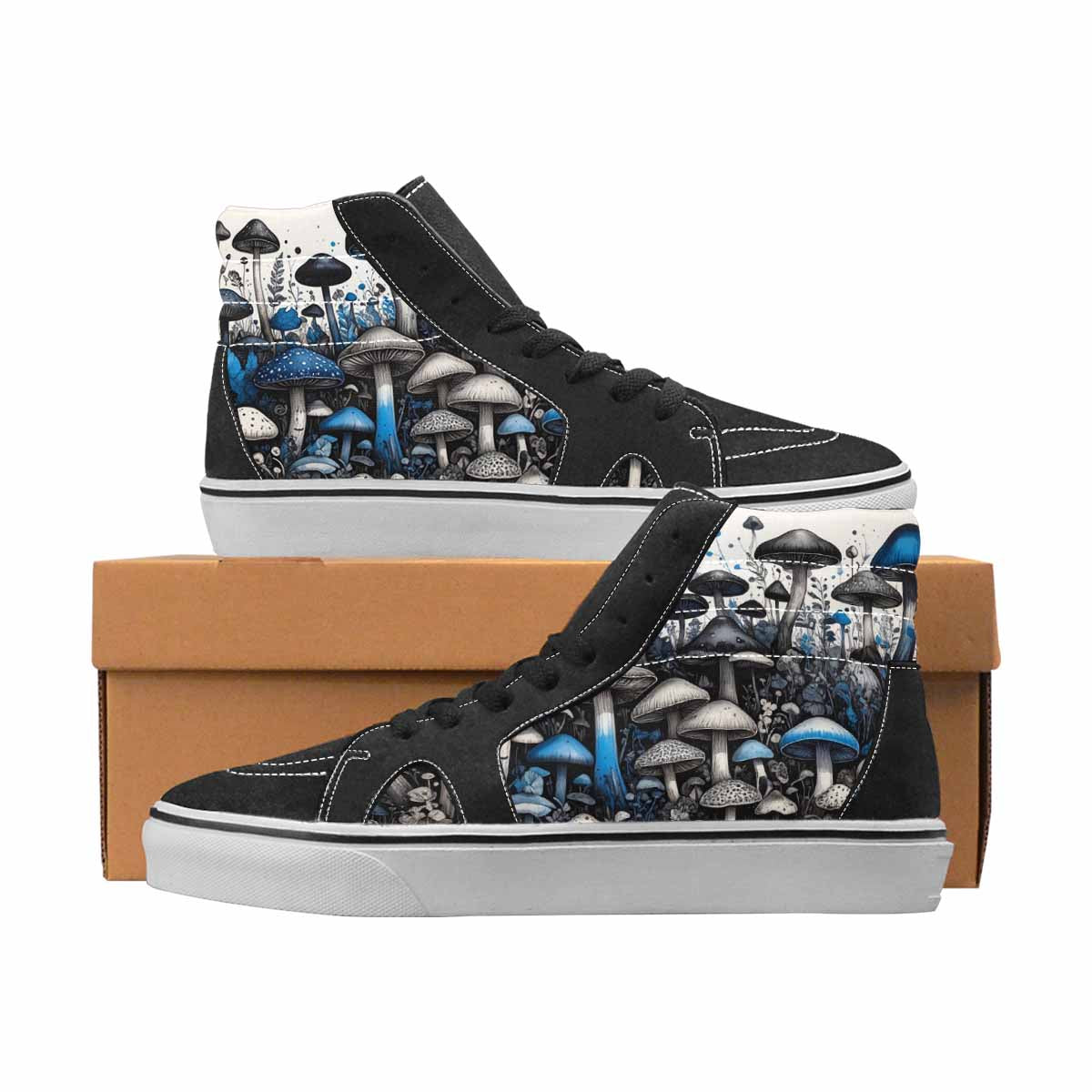 WOMEN'S Mushrooms Black & Blue Ink High Top Canvas Personalized Vivid Sneakers