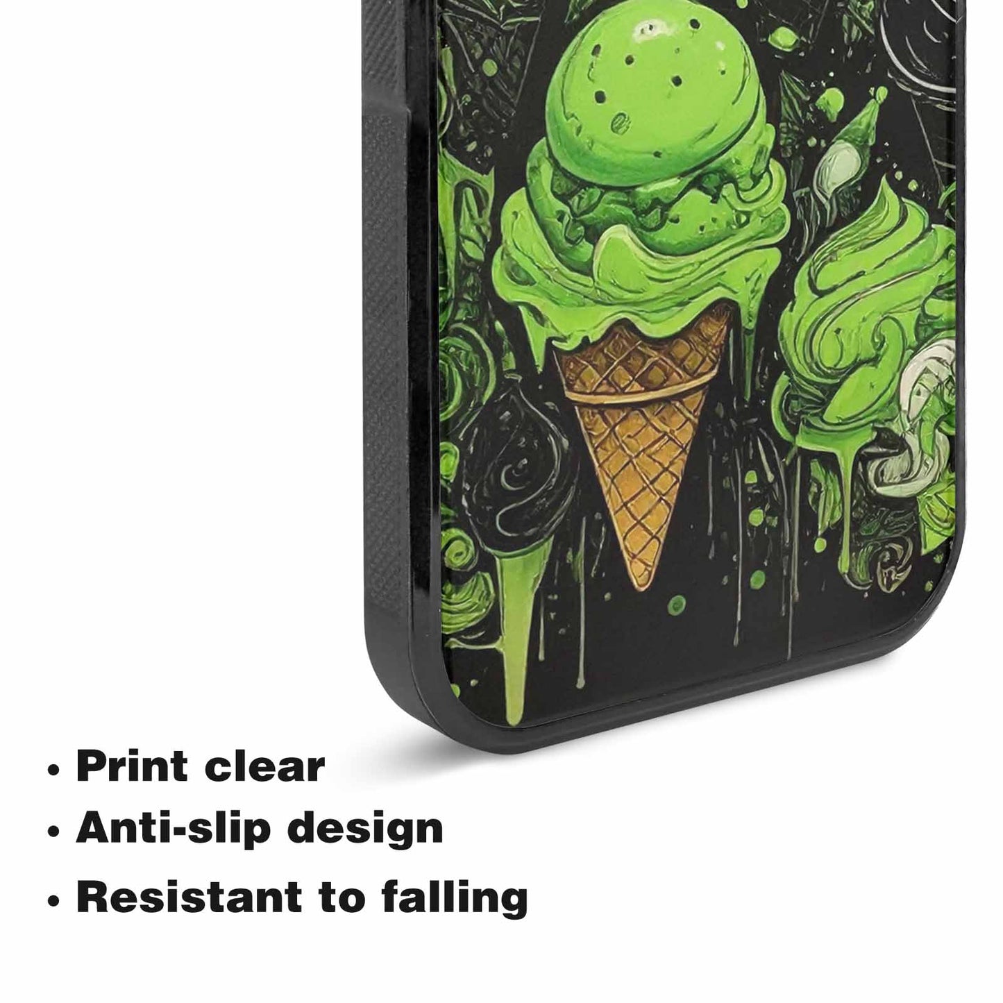 iPhone 15 Case — Ice Cream Motif Black Green Ink, Original Design Phone Case